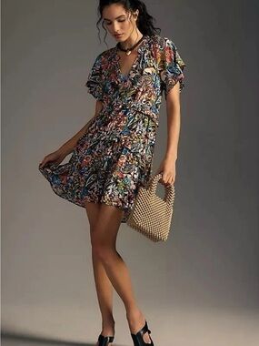 Anthropologie Robin Tiered Mini Dress Petite Small Floral Paisley Boho